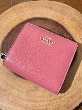 Coach Pink Pebbled Leather Compact Wallet with Gold Logo